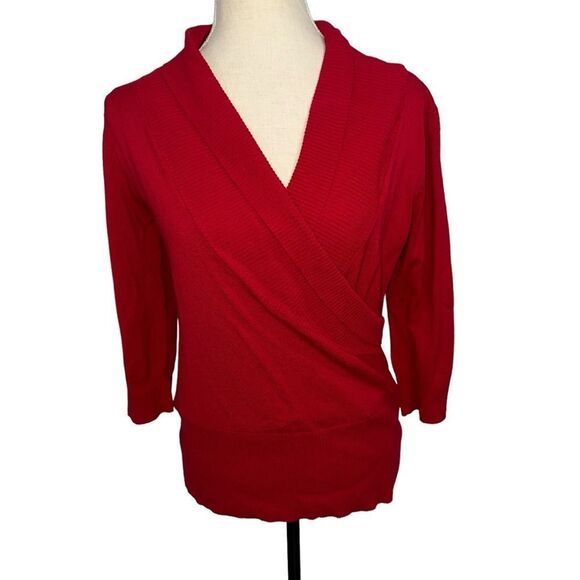 AB studio solid red v neck half sleeve sweater blouse stretchy light weight M - Picture 3 of 10